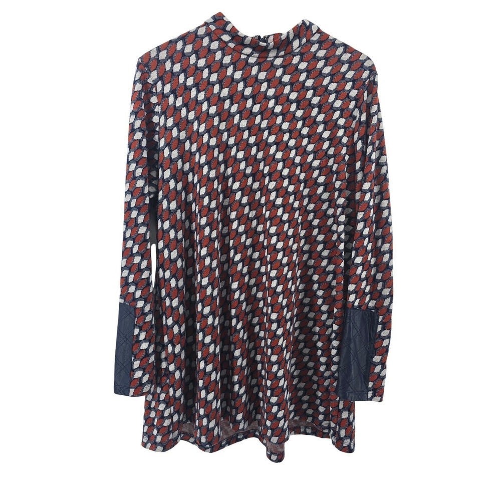 Tyler Boe Tunic Top Womens XL Geometric Mock Neck Navy Rust Quilted Cuff EUC